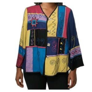 VTG Indigo Moon Patchwork Jacket‎ Womens Size 1X Blue Red Yellow Black Tapestry
